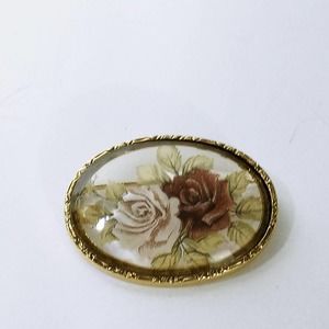 Vintage Clear Glass Rose Brooch 1.5" Gold Rim Flower (jb3)